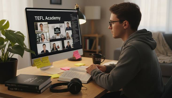 Student studying TEFL content on laptop